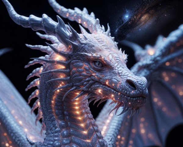 Majestic dragon with silver scales and cosmic backdrop