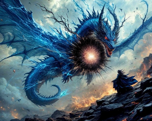 Blue Dragon Soaring Through Stormy Sky with Lightning