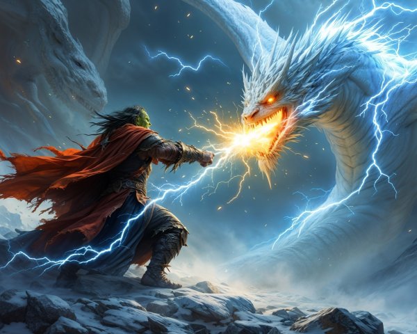 Warrior and Dragon Clash Amidst Stormy Battle Scene