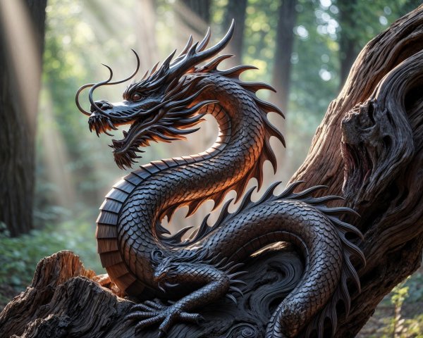 Wooden dragon sculpture on a log in forest setting