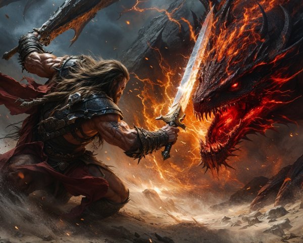 Warrior Battles Fiery Dragon in Epic Landscape Scene