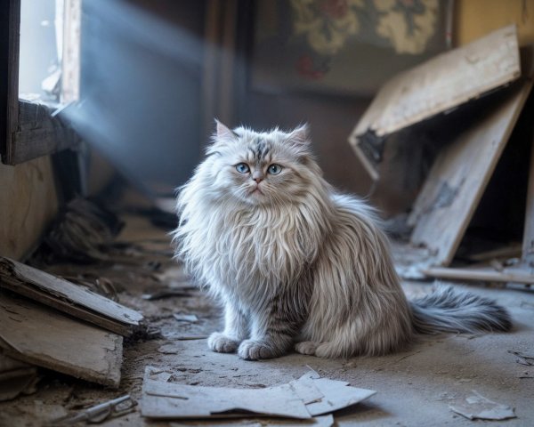 Fluffy Cat with Blue Eyes in Dusty Room Setting