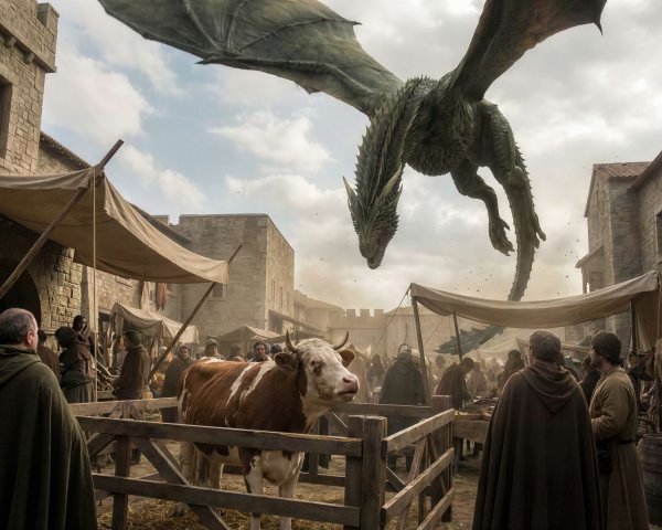 Medieval Market Square with Dragon Overhead and Crowds