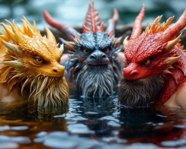 Intricately Detailed Dragon Figures in Water Setting