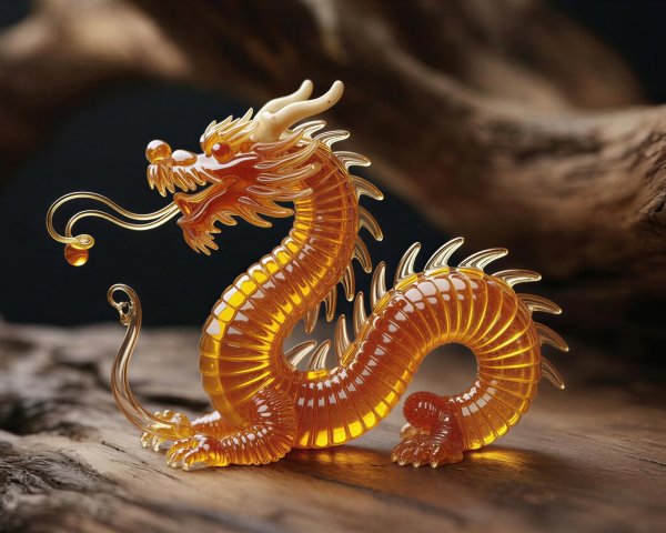 Amber Yellow Glass Dragon Figurine on Wood Surface