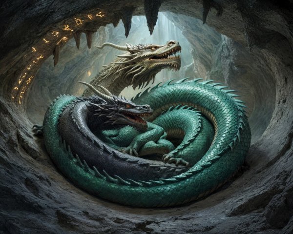 Dragons Dance in a Mystical Cavern with Glowing Runes