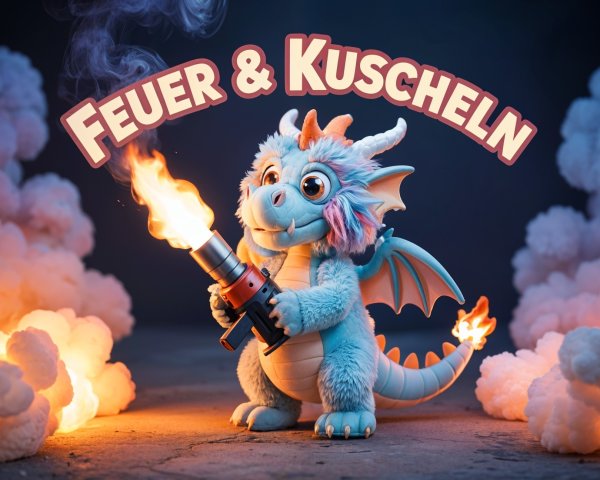 Fluffy Blue Dragon Character with Whimsical Weapon