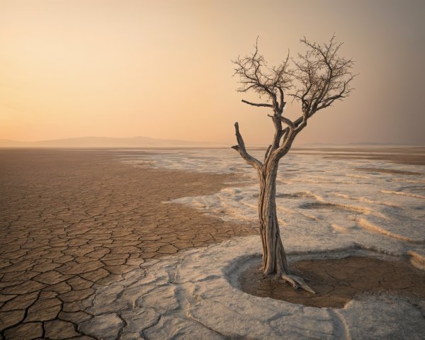 Gnarled Tree in Barren Landscape at Sunset