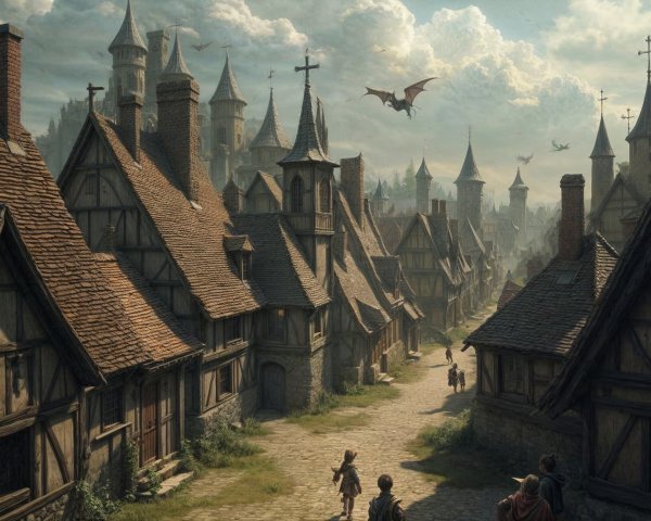 Medieval Village with Rustic Houses and Dragons