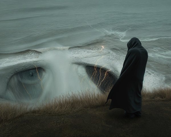 Cloaked Figure Overlooking Stormy Ocean with Eye