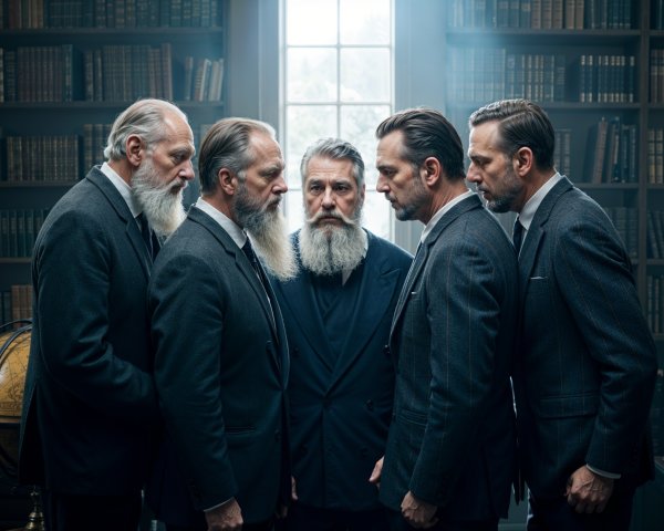Group of Bearded Men in Dim Library Discussion