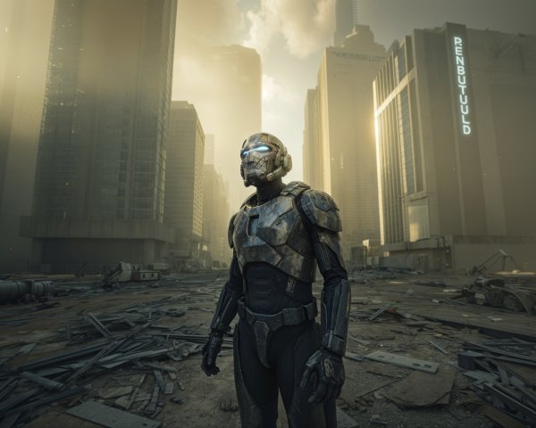 Solitary Figure in Futuristic Post-Apocalyptic Cityscape