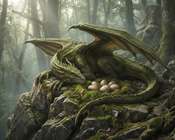 Moss-Green Dragon Resting on Rocky Outcropping