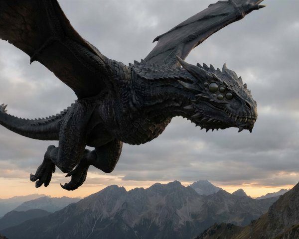 Colossal Black Dragon in Flight with Detailed Features