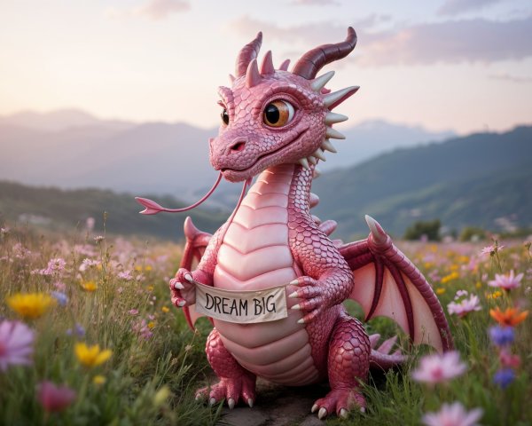 Whimsical Pink Dragon in Colorful Wildflower Scene