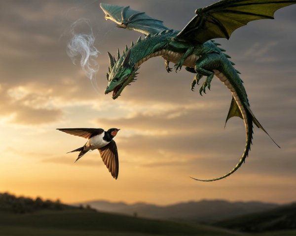 Majestic green dragon flying at sunset with swallow