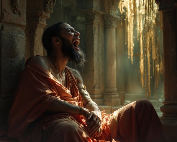 Man in Orange Robe Laughs in Ancient Stone Setting