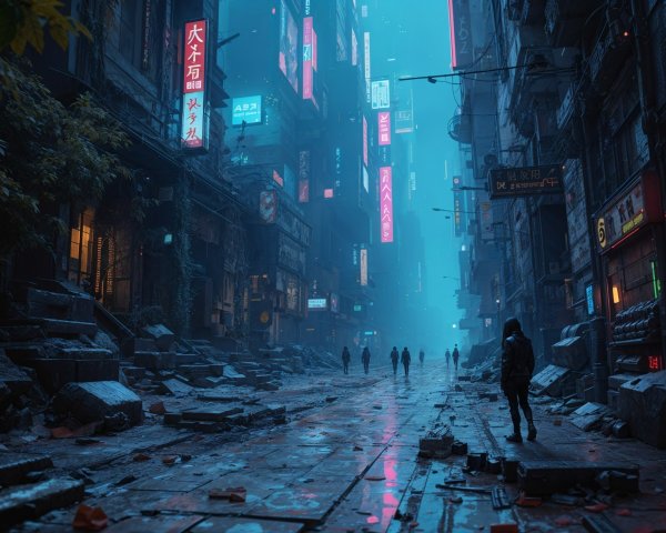 Futuristic Night Cityscape with Neon Signs and Fog