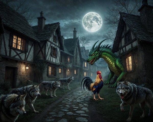 Moonlit Village with Dragon, Rooster, and Wolves