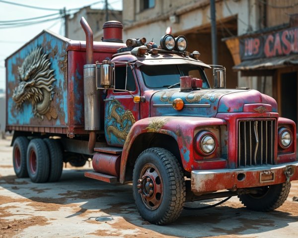Vintage Red Truck with Dragon Artwork in Urban Setting