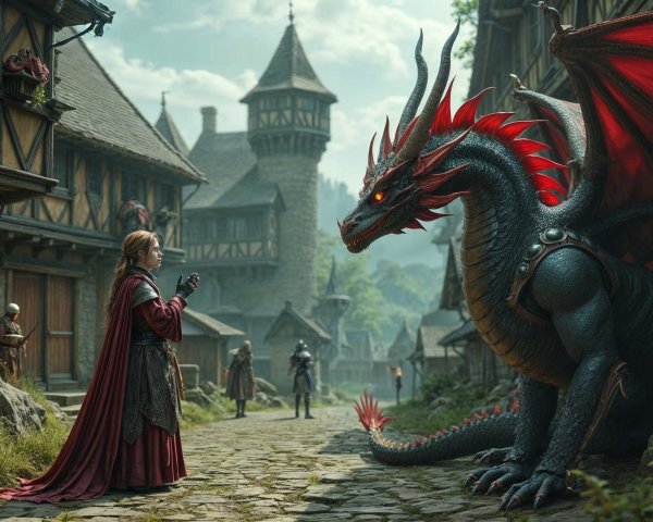 Medieval Village Encounter with Dragon and Woman
