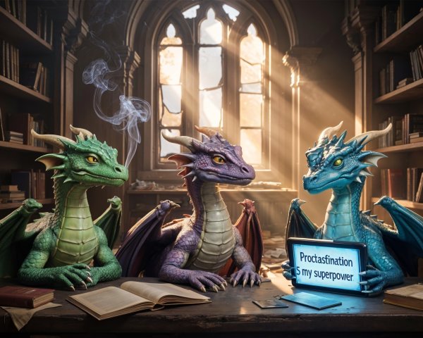 Dragons in Library with Whimsical Procrastination Sign