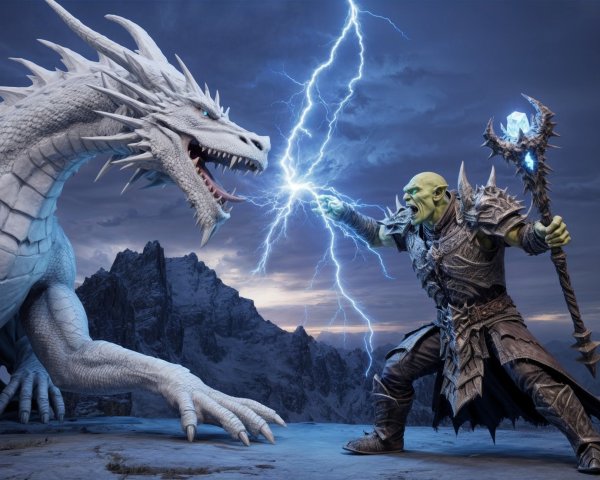 Orc Warrior Battles White Dragon in Epic Landscape