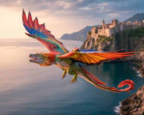 Colorful Macaw-Dragon Flying Over Ocean and Castle