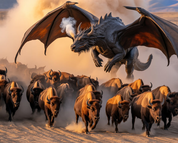 Dragon Descends on Bison in Dusty Landscape