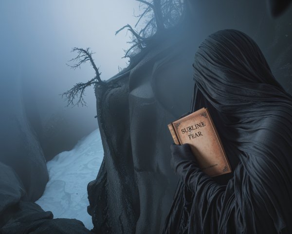 Cloaked Figure in Misty Landscape with Old Book