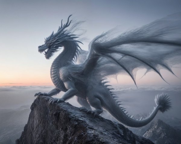 Majestic dragon on rocky peak at dawn sky
