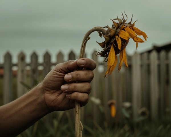 Wilting sunflower against a rustic wooden fence