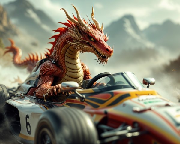 Red Dragon in Racing Car Against Mountain Backdrop