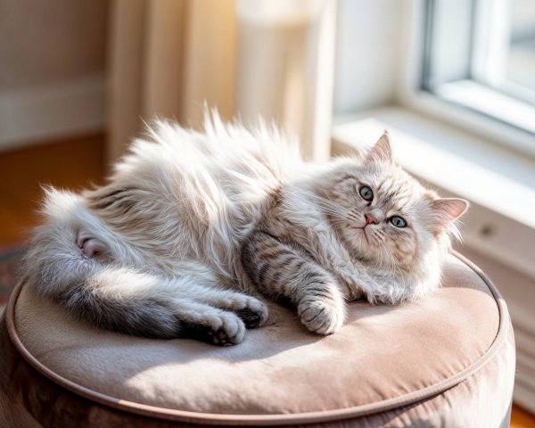 Fluffy Tabby and Silvery Cat Relaxing by Window