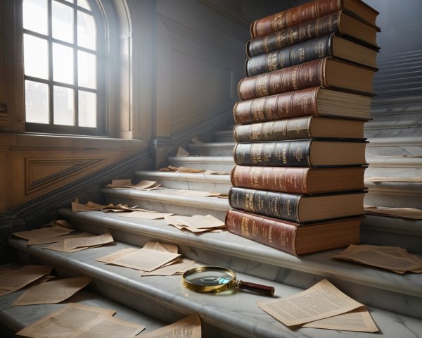 Leather-bound books on a marble staircase with light