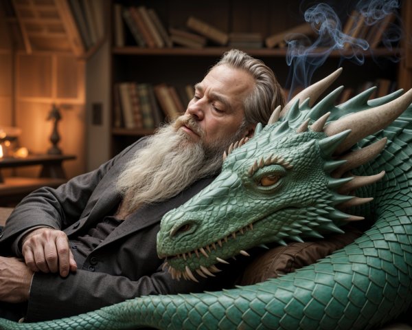 Wise Man and Dragon Statue in Cozy Mystical Setting