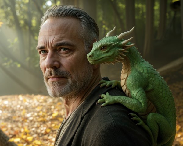 Rugged Man and Vibrant Green Dragon in Autumn Forest
