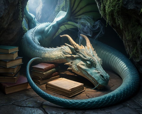 Majestic dragon in a mystical cave with ancient books