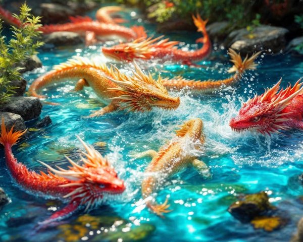 Ornate dragons playing in a crystal-clear stream