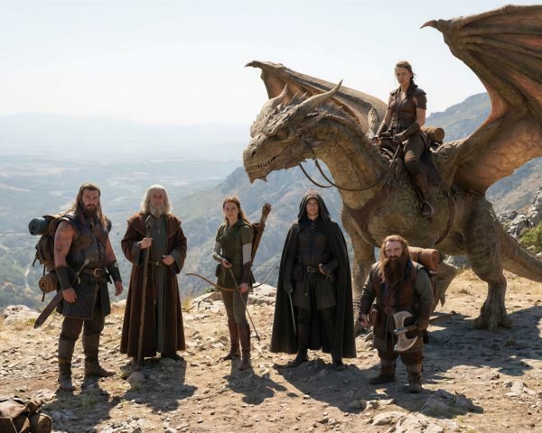 Adventurers and Dragon on a Mountaintop Scene