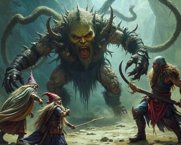 Wizards Confronting a Giant Creature in a Cave