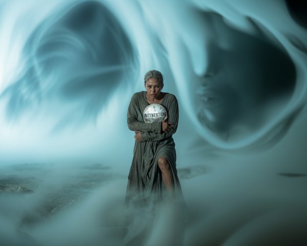 Woman in flowing garment surrounded by swirling fog