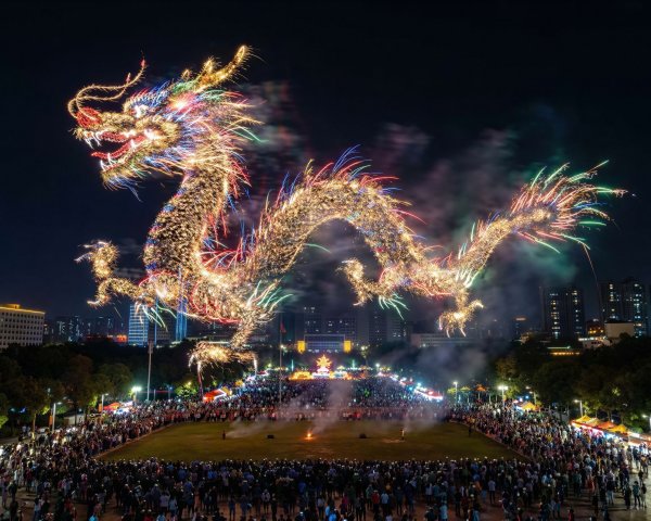 Firework Display of a Chinese Dragon Over City Night Sky