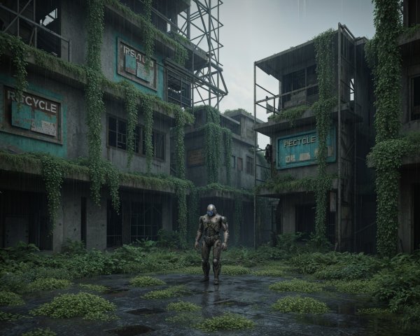 Robot in Overgrown Post-Apocalyptic Urban Landscape