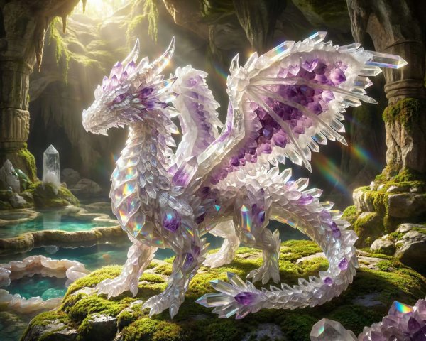 Majestic Crystal Dragon in Ethereal Fantasy Landscape