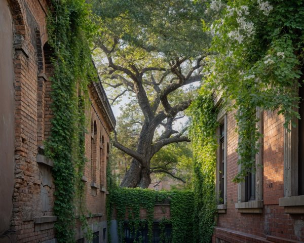 Serene Alleyway with Brick Buildings and Ivy