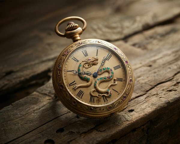 Antique Gold Pocket Watch with Dragon Motif Design