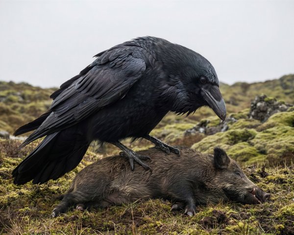 Raven on Dead Wild Boar in Natural Environment
