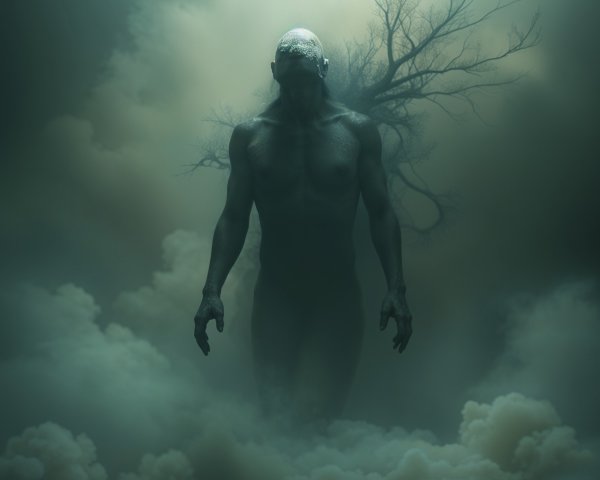 Ethereal Figure in Foggy Landscape with Gnarled Tree