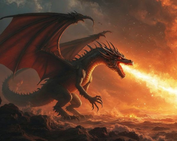 Two-Headed Dragon in Fiery Landscape with Lava